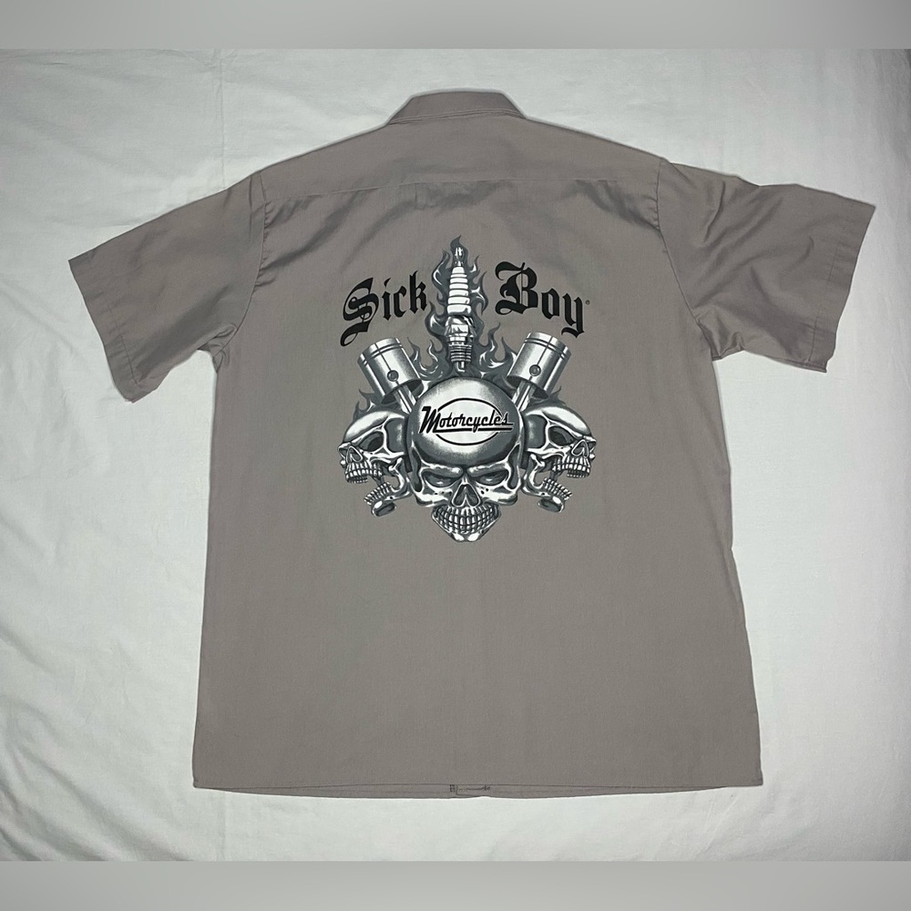 Sick Boy Motorcycles Button Down Gray Men’s Shirt Size XL Dickies Skulls Biker